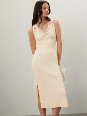 Derek Lam Collective Valencia Crochet Ribbed Knit Cream Midi Dress size XS